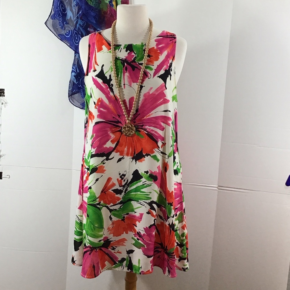 Caramela Floral Shift Dress - Pink, Green & Orange on White USA